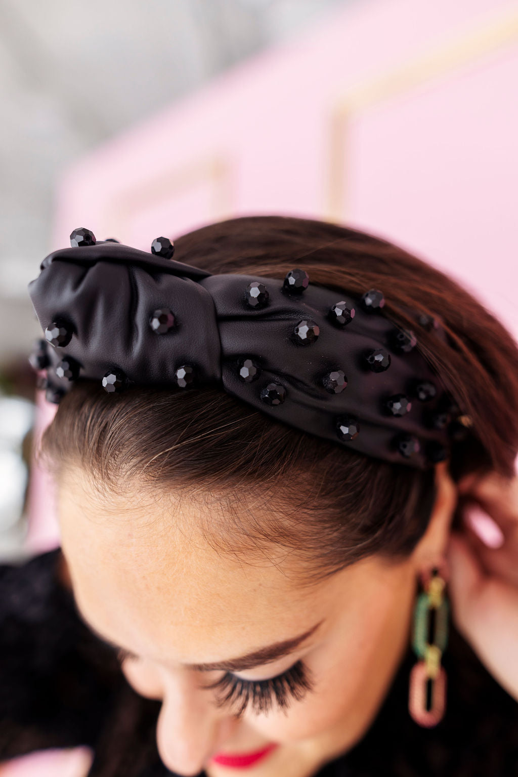 Black Vegan Leather Headband with Hand-Sewn Glass Beads