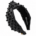 Black Vegan Leather Headband with Hand-Sewn Glass Beads